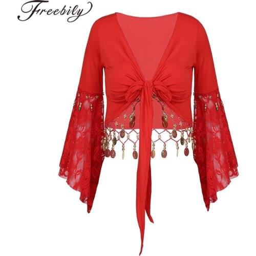 New Women Belly Dance Practice Clothes Sequins Sexy Bra Flare Sleeve Bell Bead Lace Tassel Lace-Up Deep V Neck Crop Top Cardigan