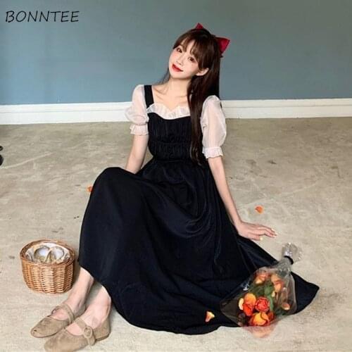 Dresses Women Patchwork Ruffles Ladies Summer Thin 90s Vintage Puff Sleeve All-match Fashion Party Vestido De Mujer Midi Casual