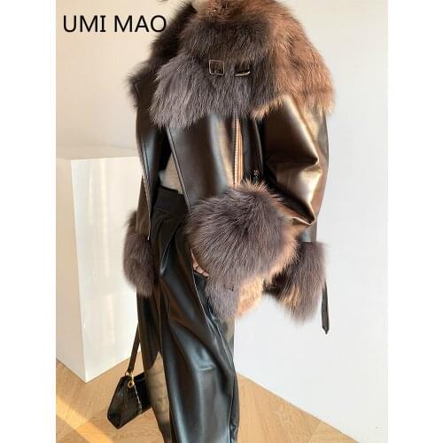 UMI MAO 2020 Winter New Fox Fur Coat Female Stitching Sheep Skin Oversize Motorcycle Coat Snow Overcoat Natural Fur Collar Coat