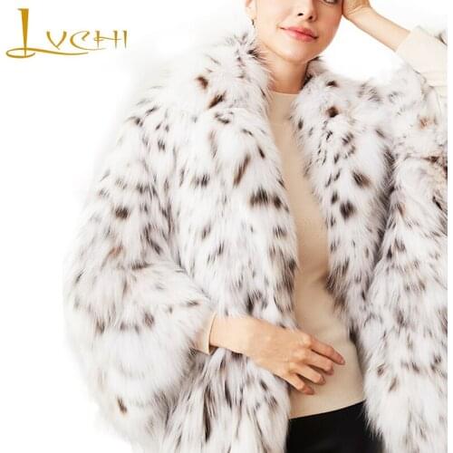 LVCHI Winter 2019 Pure White Bobcats Fur Coats Womens Long Sleeve Wild Bobcats Slim Turn-Down Collar Import Long Bobcats Coats