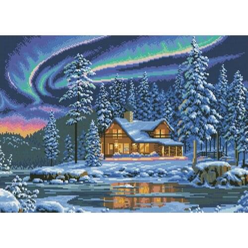 Winter Night Snow Wooden House Aurora Diamond Painting Round Full Drill DIY Mosaic Embroidery 5D Cross Stitch Scenic Picture