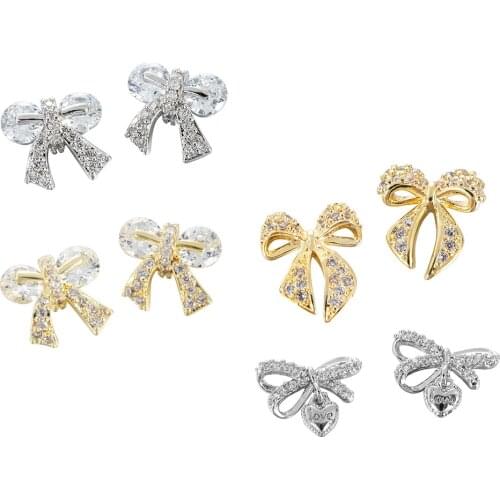 1 Pcs 3D Shiny Nail Diamond Charms Bowknot DIY Rhinestones Crystal Jewelry Bow Gold Silver Alloy Manicure Nail Art Decorations