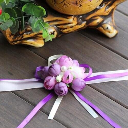 10Pcs Purple Wrist Flower Rose Silk Ribbon Bride Corsage Hand Decorative Wristband Bracelet Bridesmaid Curtain Band Clip Bouquet
