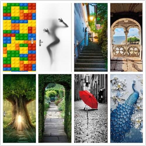 2pcs/Set 3D Peacock PVC Door Stickers DIY Self-adhesive Waterproof Wallpaper Doors Murals Living Room Bedroom Home Decor Decals