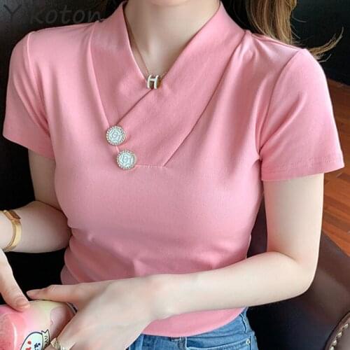 2021 Summer Clothes For Women Solid Basic Cotton T-shirt Female V-Neck Pink Casual Short Sleeve T Shirt Sexy Ladies Clothing