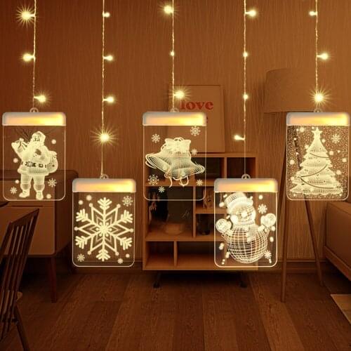 3D Hanging Lights Christmas Decoration Led Lights String Bell Elk Tree Snowflake Window Sucker Lamp For Party Wedding Decor
