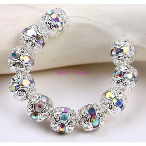 Free shipping silver metal beads 8mm AB white crystal rhinestone silver spacer beads fitting ,(100pcs) wholesale