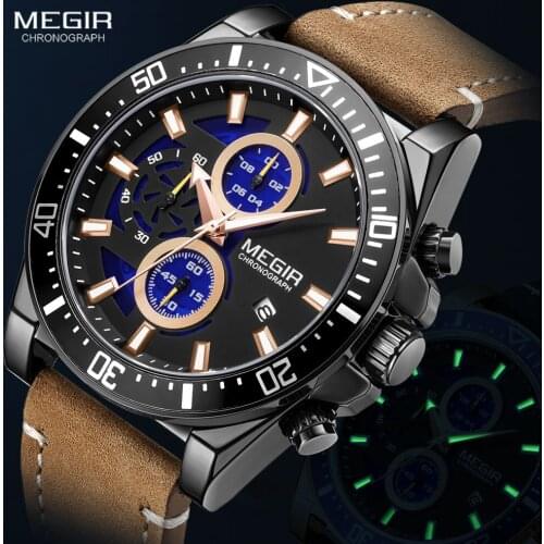 MEGIR Mens Watches Quartz 2020 Luxury Casual Leather Strap Sport Watch for Man Fashion Waterproof Luminous Chronograph Watch