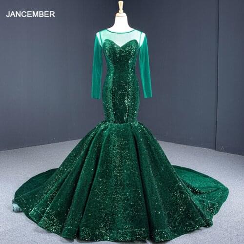 J67083 jancember evening dress long sleeve baby girl o neck chapel train lace sequined green mermaid dress vestido festa longo
