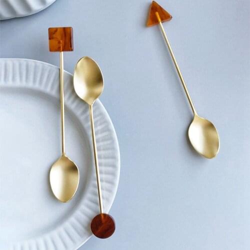 Stainless Steel Coffee Spoon Gold-plated Geometric Shape Handle Dessert Spoon Flatware Home Kitchen Tableware Dinnerware L1