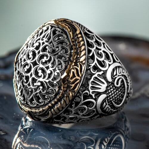 925 Sterling Silver Unique Design Mens Ring with Arabic Letter Wav Exclusive Accessory for Men Special Ring Made in Turkey