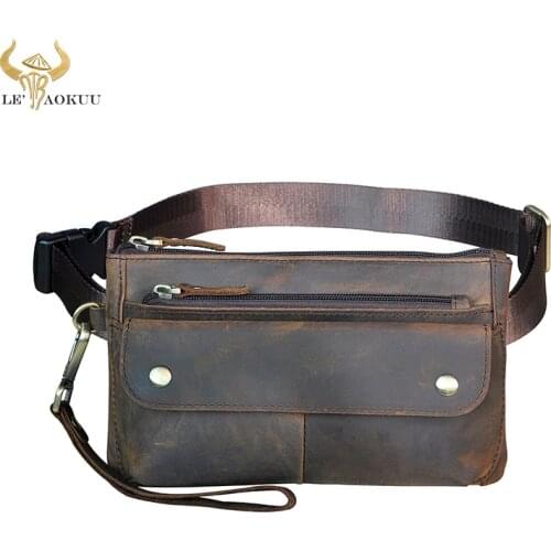 Crazy Horse Leather men Casual Fashion Travel Fanny Waist Belt Bag Chest Sling Bag Design Bum 7" Phone Case Pouch Male 8136