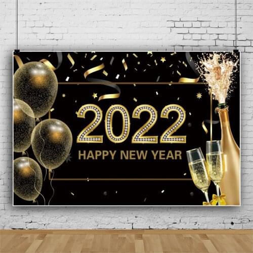 Laeacco Happy New Year Of 2022 Family Party Background Gold Balloons Champagne Wineglass Banner Black Photographic Backdrops