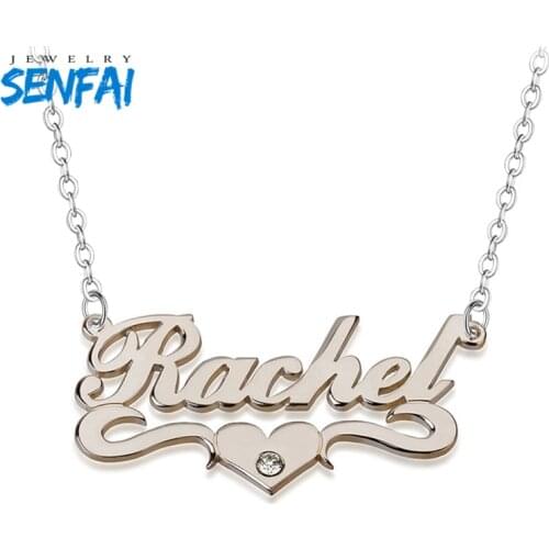 Senfai Hot Sale Heart Customize Name Pendant Necklace Personalized Cursive Word Collier Fashion Brithstone Necklaces for Women