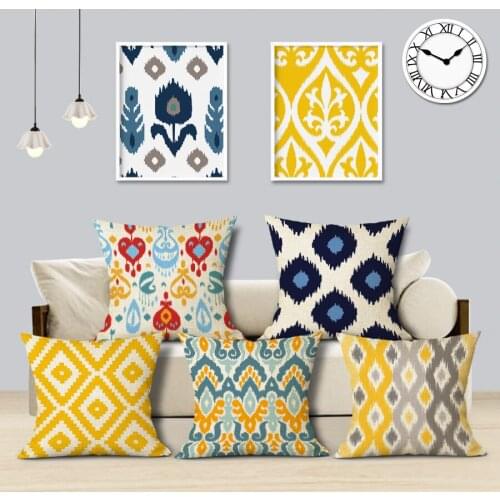 Wholesales Linen Pillow Cover Cushion Cover Abstract Blue Grey Yellow Watercolor Geometric Home Decorative Pillow Case 45x45cm