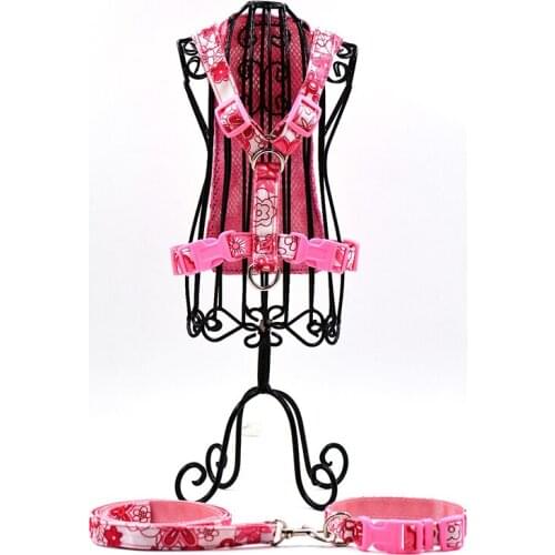 Fashion Flowers Pattern Dog Harness+Leash+Collar Set Nylon Soft Dog Harness Matching Small Dog Collar Leash Set Adjustable