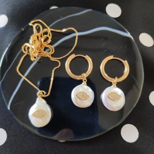 Freshwater pearl coin white cz pave dainty blue evil eye protection charm hoop earring choker necklace jewelry set woman