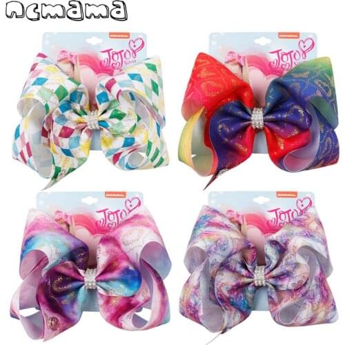 Ncmama 8 Inch Hair Bows for Girls Hair Clips with Rhinestone Golden Print Ribbons Barrettes for Kids Hairgrips Hair Accessories