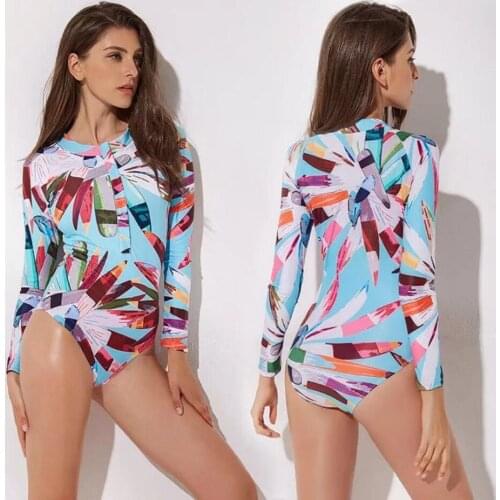 2019 New Women One Piece Swimsuit Rash Guard Long Sleeves Swimwear Rashguard Printed Surf Wear Bodysuit Bathing Suit