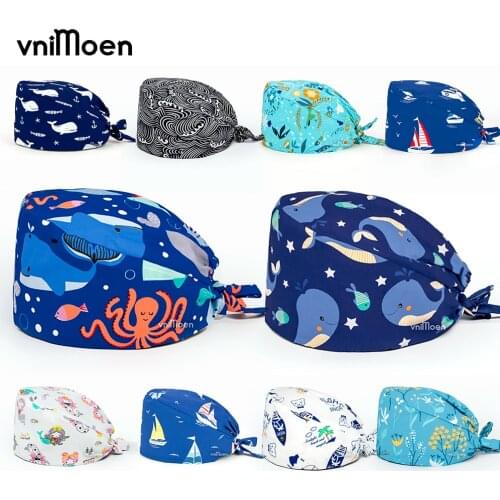 Wholesale Ocean and whale print Doctor Hat Nurse Pure Cotton Sweat-absorbent Towel Surgical Cap Head Cover for Beauty salon cap