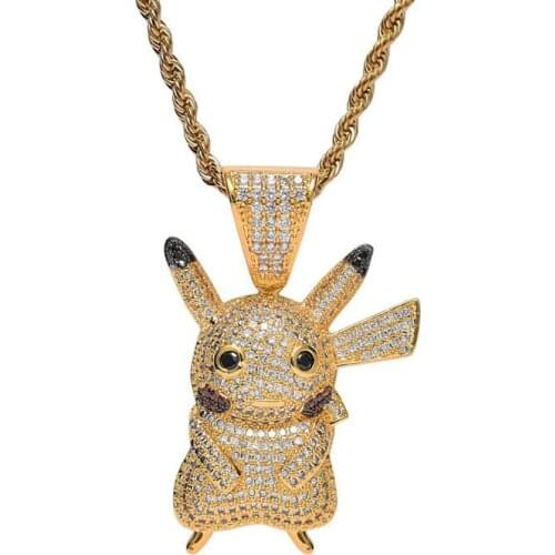 Hip Hop Iced Out Cartoon Animation Gold Pikachu Pendant Necklace Jewelry Street Dance Gift For Men Women