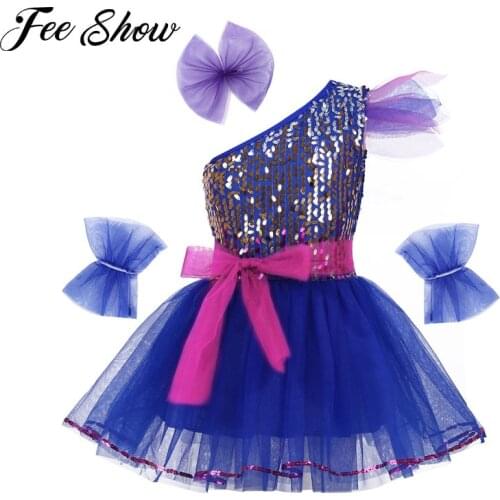 Children Sequin Jazz Dance Tutu Dress Blue Kids Girls One Shoulder Modern Contemporary Dance Costume Street Hip Hop Stage Dress
