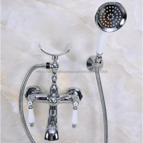Polished Chrome Bathtub Faucet Wall Mount Handheld Bath Tub Mixer System with Handshower Telephone Style Nna238