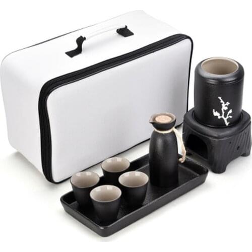 Japanese Creative with Tray Carrying Case Black Ceramic Wine Set Chinese Style Candle Stove Heating Jug Sake White Wine Glass