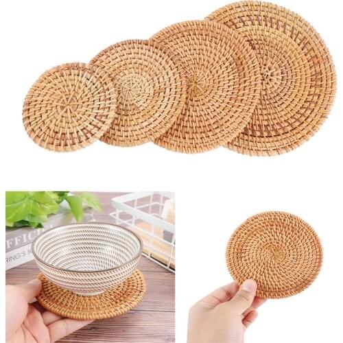Rattan Placemat Coaster Kitchen Table Bowl Mat Durable Hand Woven Insulation Coffee Cup Coaster Teapot Mat 4 Sizes