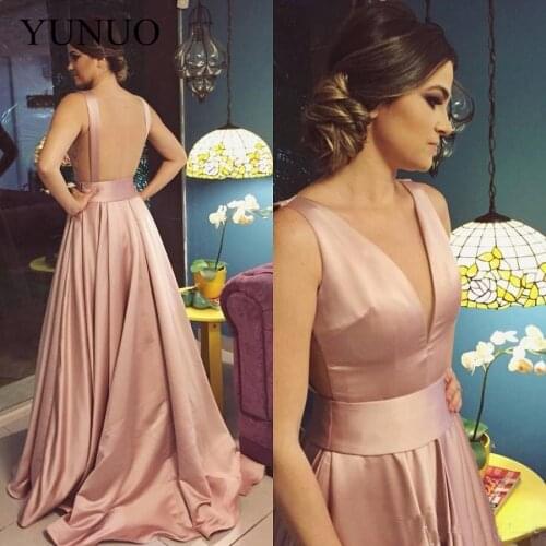 Blush Pink Long Prom Dresses Formal Occasion Gowns Deep V-Neck Backless Evening Gown A-Line Girls Party Dress Graduation