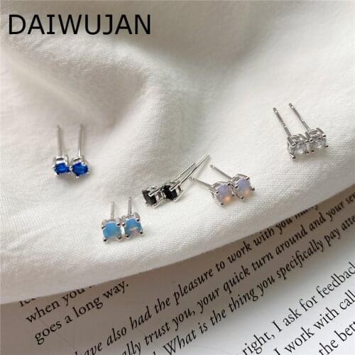 DAIWUJAN AAAA Zircon Opal Round Mini Stud Earrings Wedding 925 Sterling Silver Sapphire Crystal Earring for Women Jewelry Gift