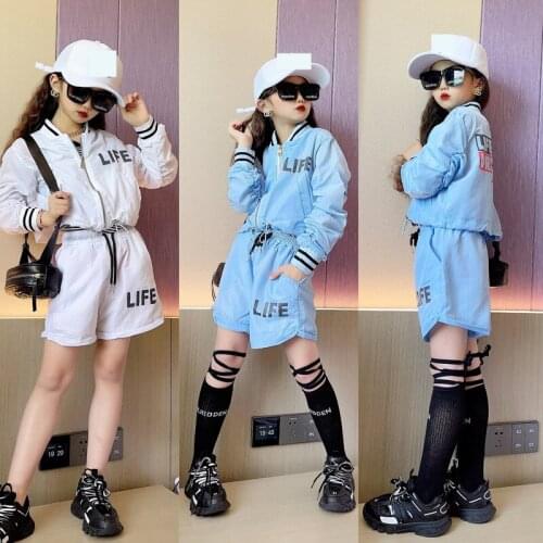 Teenage Girls Sunscreen Tracksuit 2021 Summer Children Outfits Zip Up Outwear + Biker Shorts Set Crop Top Streetwear 4 To 14 Yrs