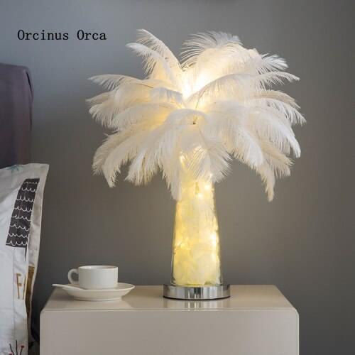 New firefly ostrich feather desk lamp warm romantic ins girl Princess childrens living room bedroom bedside lamp