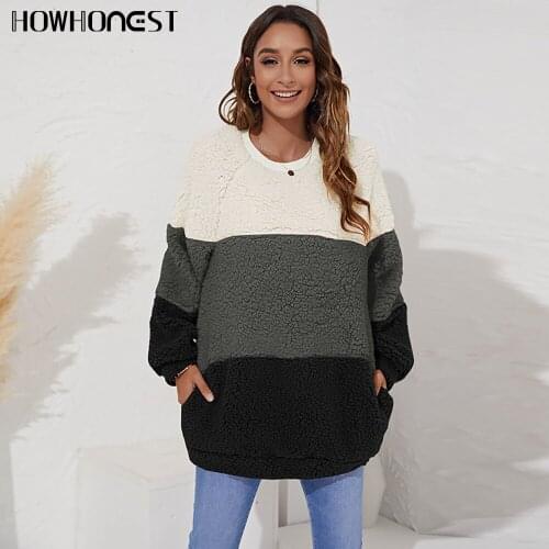Womens Sweater Za Autumn Winter Long Sleeve O Neck Casual Loose Contrast Pullovers Thickened Plush Sweater Tops Female Blouse