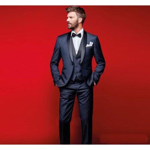 Navy Blue Wedding Tuxedos Slim Fit Suits For Men Custom Made Groomsmen Suit Three Pieces Prom Dress Suits (Jacket +Pants+Vest