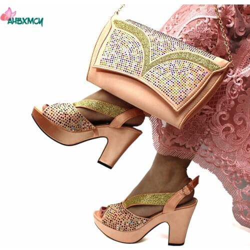 High Quality New Arrivals Italian Design Super High Heels with Paltform Shoes and Bag to Match in Peach Color for Garden Party
