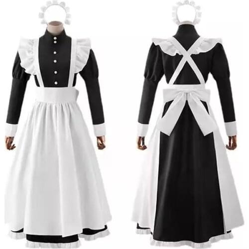 High Quality Black Maid Outfit Women Gothic Lolita Dress Halloween Lolita Cosplay Headwear Dress Apron 3PS Set Maid Cosplay