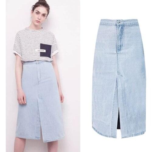 European and American Style Women Denim A-line Casual Skirt Split 100% Cotton Slim High Waist 40 42