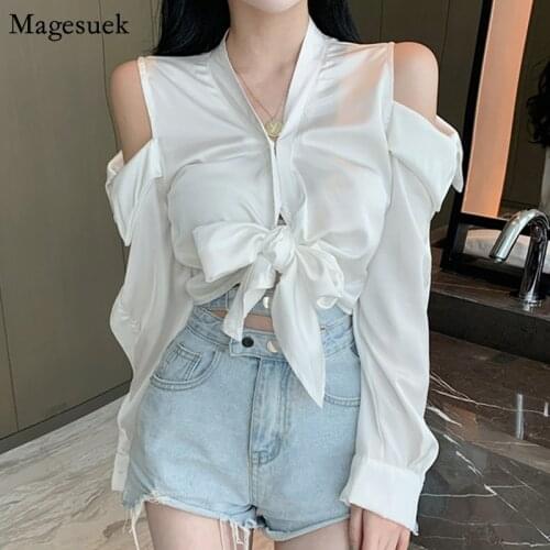 Sexy Off Shoulder Satin Silk Blouse Women V Neck Long Sleeve White Chiffon Shirt Women Fashion Slim Short Style Tops Blusa 16092