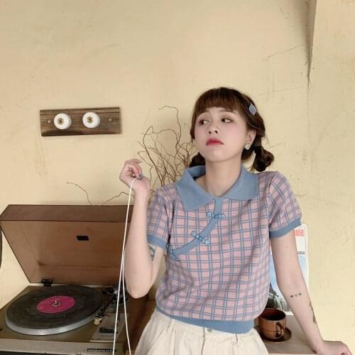 Womens T-shirts Tops Japanese Kawaii Ladies Ulzzang Vintage Loose Lazy Plaid T-shirt Female Korean Harajuku Clothes For Women