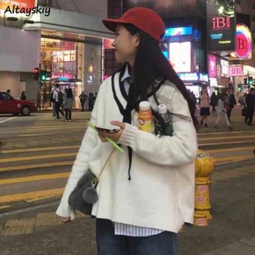 Pullovers Women V-neck Knitwear Loose Trendy Harajuku Pullover Student Preppy Style Outwear Simple Daily Lovely New Womens Warm