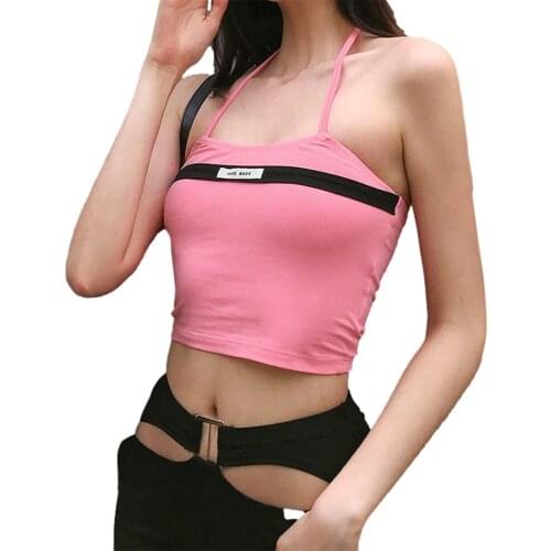 2021 Summer Women Halter Crop Cami Tops Sexy Sleeveless Color Block Slim Fit Letter Camisole