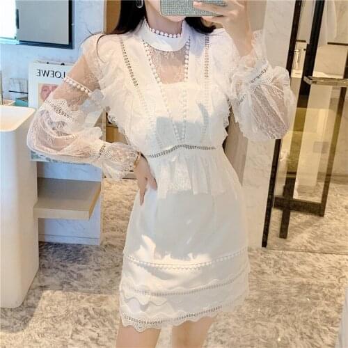 2021 Autumn New Hook Flower Hollow White Lace Dresses Woman High Waist O-neck Long Sleeve Vintage Elegant Party Dress Female