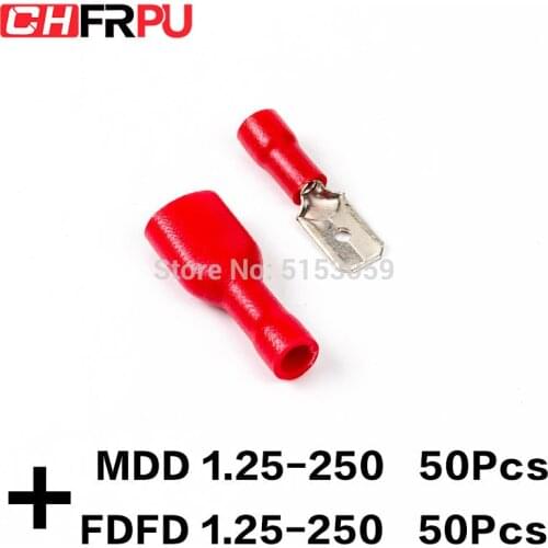 100PCS 6.3mm 22-16AWG FDFD/FDD/MDD1.25-250 Female male Insulated Electrical Crimp Terminal for 0.5-1.5mm2 Cable Wire Connector