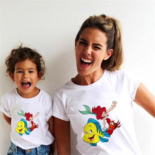 2021Family Look Matching Clothes Mother Daughter Outfits WomenT-Shirts Girl T-Shirt Disney Cartoon Mermaid Printed Family Look
