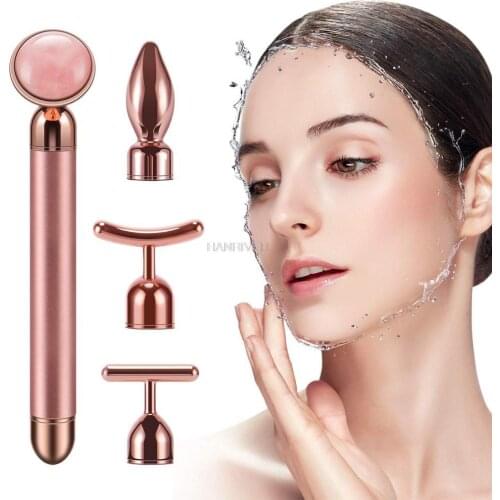 4 in 1 Vibrating Rose Quartz Roller Face Roller Eye Massager Jade Roller T/V Shaped Face Lifting Slimming Beauty Bar Massager