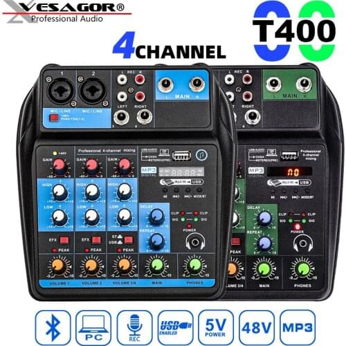 Audio Mixer DJ USB Mixer T400 4CH Recording PC Auido Interface Bluetooth 48V Phantom Power DC5V Monitor SoundCard Mixing Console