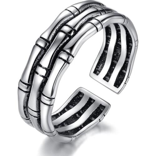 Bamboo Multi-layer Vintage Punk Chunky Adjustable Thai Silver Color Ring For Women Mens Korean Trendy Tibetan Jewelry