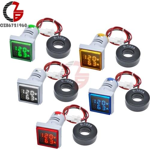22mm AC 50-500V 0-100A LED Digital Voltmeter Ammeter 220V 110V Square Voltage Current Meter Volt Detector Tester Monitor
