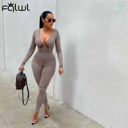 FQLWL Solid Streetwear One Piece Outfits Women 2021 Fall Long Sleeve Bodycon Jumpsuit Women Hollow Out V Neck Bandage Jumpsuits